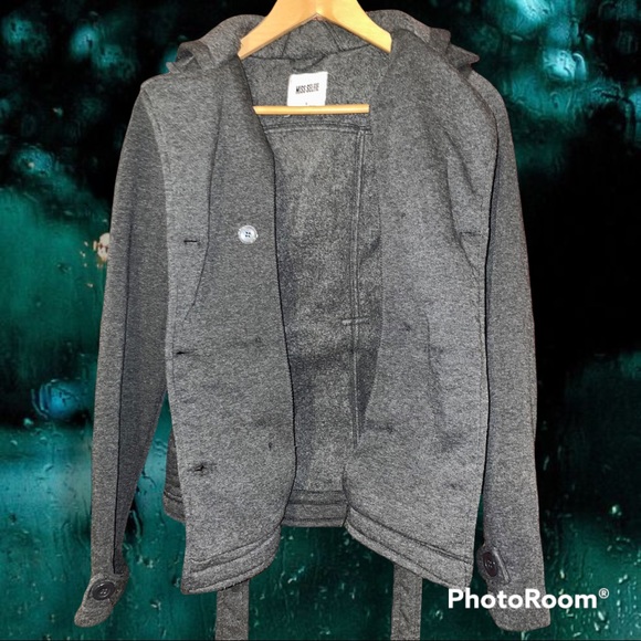 MISS SELFIE Lapel, Double-Breasted Pea Coat w/ Belt, Charcoal Gray, Woman's SM - Picture 7 of 15